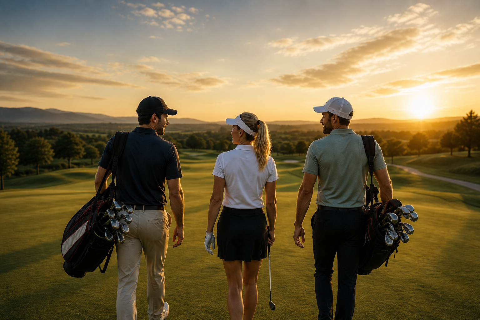 Drei Golfer gehen gemeinsam über den Golfplatz im Abendlicht